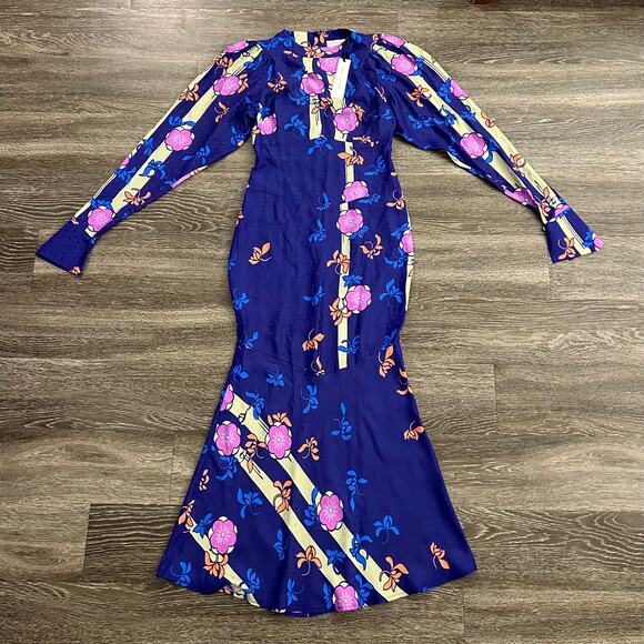 NWT Silvia Astore Jade Blue Floral Silk Midi Dress Size 42 |‎ Medium Long Sleeve - Picture 2 of 16